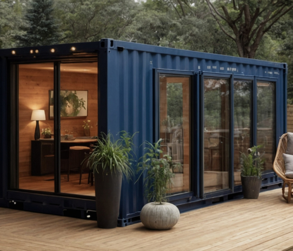 Maison container Grenoble Maison moderne en conteneurs avec balcons et plantes, entourée d'arbres.